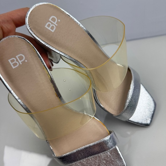 BP Women Size 9 Silver Metallic‎ Clear Strap Block Heel Mules Sandals